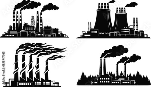 Industrial factory pollution silhouette, smokestacks emitting smoke, environmental impact, black vector, CAD drawing, flat illustration, air pollution, urban industry, toxic fumes