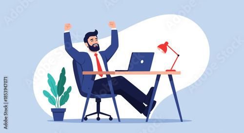 Excited businessman in a suit celebrating a successful achievement at his office desk with his arms raised in joy.
