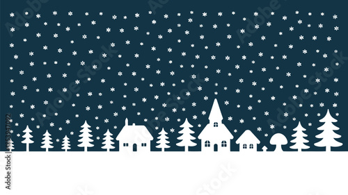 A serene white winter village silhouette featuring houses, trees, and a church steeple under a deep blue snowy sky