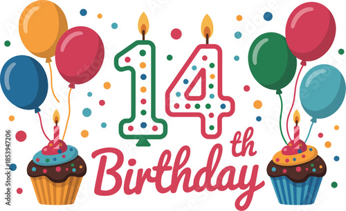 Vibrant 14th birthday celebration with cupcakes and balloons
