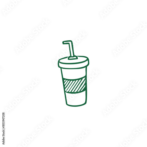 A green-outlined drawing of a drink cup with a lid and a straw on a white background