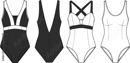 One piece swimsuit fashion technical sketch, front and back view, flat vector, CAD drawing, garment design, apparel template, illustration