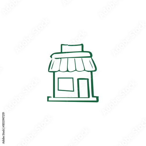 A green, simple storefront illustration with an awning and door on white