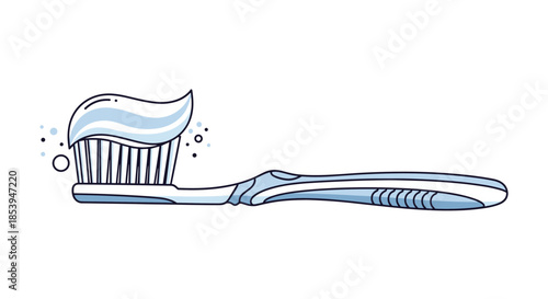 Hand-drawn illustration of a toothbrush with a swirl of light blue toothpaste on the bristles ready for brushing.