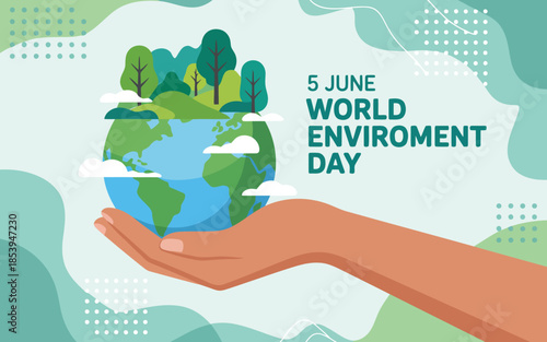 A supportive human hand cradles a lush green planet for World Environment Day commemoration