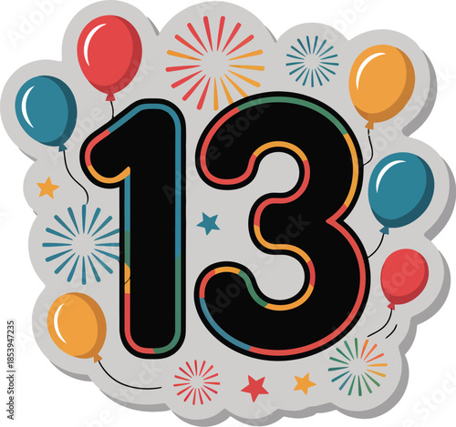Vibrant number thirteen celebration with balloons and fireworks