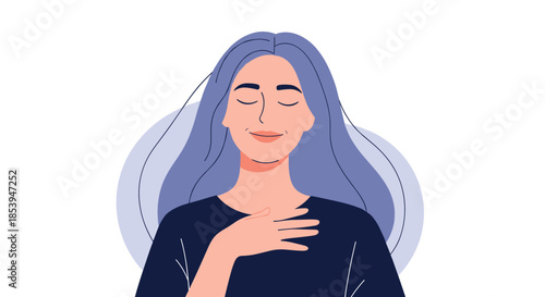 Illustration of a calm and grateful woman with blue hair her eyes closed and a hand on her chest.