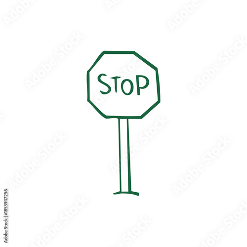 A green, hand-drawn "STOP" sign on white background. Octagon on a pole