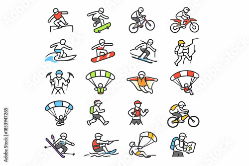 A set of 20 colorful vector icons (stickman style with bright accents on clothing and equipment) on the theme of extreme sports.