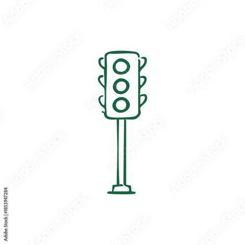 Green hand-drawn traffic signal on white; has three circular lights and a tall pole