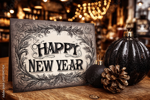 Decorated badge with happy new year wishes in vintage style on a festive background with pine cone and christmas ball