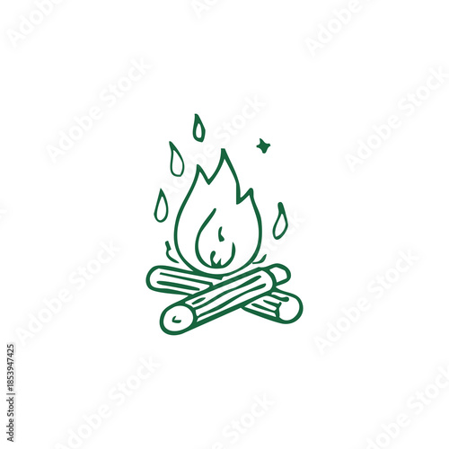 Illustration shows a campfire with flames, water drops, and a star