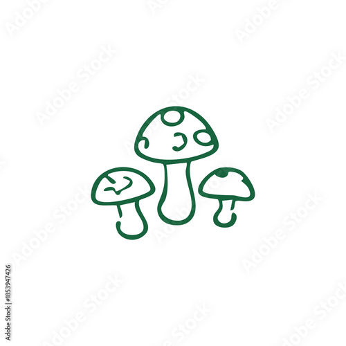 A minimalist illustration of three stylized mushrooms in shades of green on white