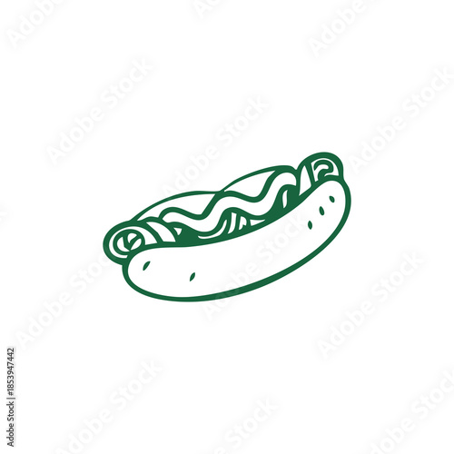 A green line drawing of a stylized hotdog with filling on a white background