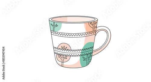 Hand-drawn illustration of a ceramic mug with a folksy pattern of trees and geometric shapes in pastel colors.