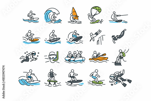 A set of 20 simple vector icons (stickman style with minimal color) on the theme of extreme and adventure water sports.