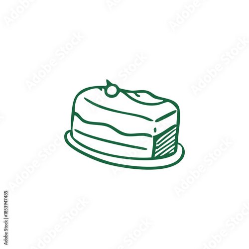 Green line drawing of a cake slice with a single cherry on top