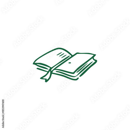 Green line drawing of an open book with a bookmark on a white background