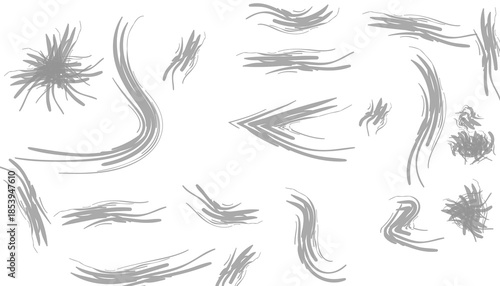 Hand-drawn black and gray brush strokes and organic lines for professional graphic design. Versatile PNG textures ideal for backgrounds, underlines, and creative collage compositions.