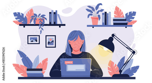 Illustration of a woman working or studying on a laptop at her desk surrounded by books plants and a lamp.