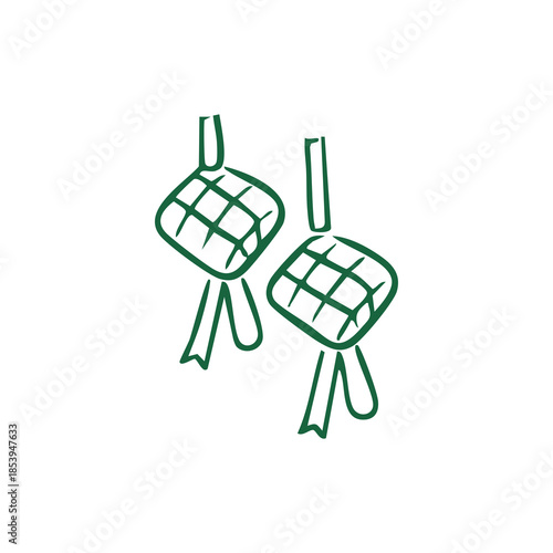 Two diamond-shaped green food parcels, hanging, with ties.  Isolated on white