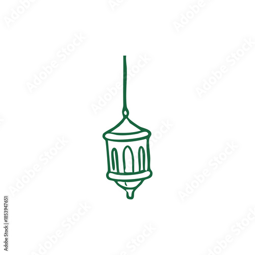 A hanging green lantern with curved designs and a simple, stylized aesthetic