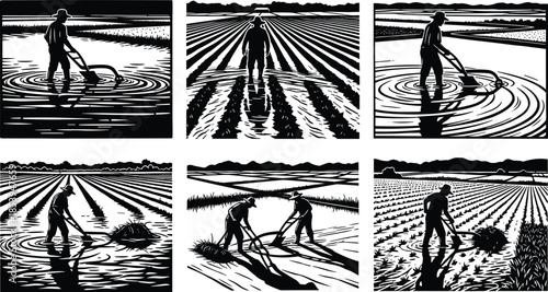 Traditional rice farming, agricultural labor, flooded field, hand tools, rural workers, crop cultivation, cad drawing flat vector illustration, black white sketch