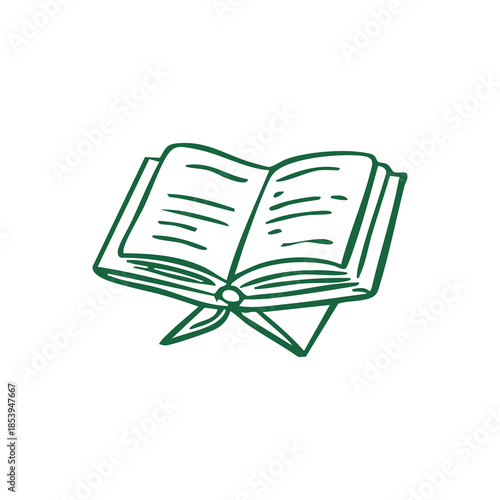 A green line drawing of an open book on a white background
