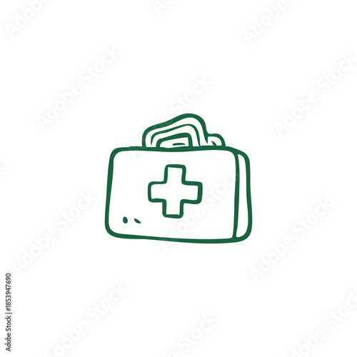 A green sketch of a first aid kit with a cross on the front