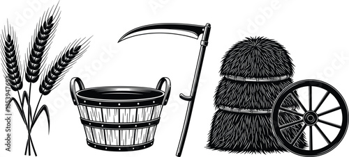 Traditional farming tools, rural agriculture, black silhouette, wheat bundle, scythe, haystack, bucket, wagon wheel, cad drawing flat vector illustration