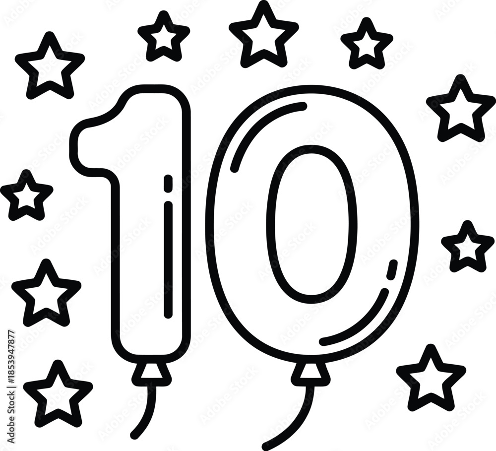 Fototapeta premium Celebratory tenth anniversary with balloons and stars
