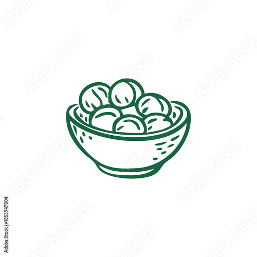A green line-art depiction of a bowl overflowing with round, bulbous shapes