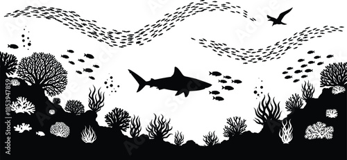 Underwater ocean scene, marine life, coral reef, shark silhouette, fish school, aquatic biodiversity, bubbles, nature, vector art, cad drawing flat vector illustration