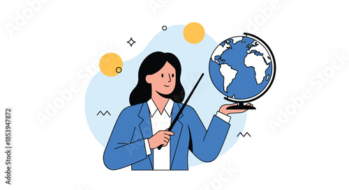 Modern flat illustration of a female teacher holding a world globe and a pointer stick for an educational presentation.