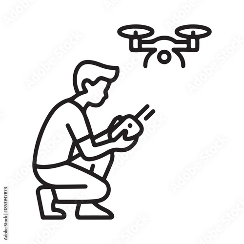 A person operating a drone with a remote controller in a simple line drawing
