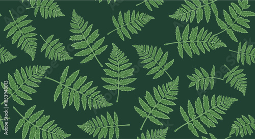 Seamless botanical pattern of detailed green fern leaves scattered across a dark green background for a natural texture.