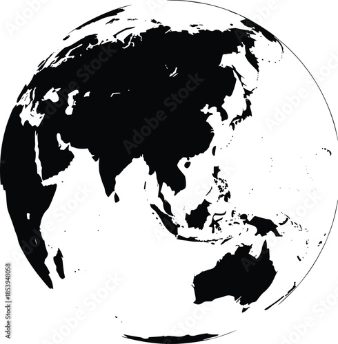 World map globe silhouette illustration showing Asia Pacific continents minimal global earth design cad drawing flat vector illustration