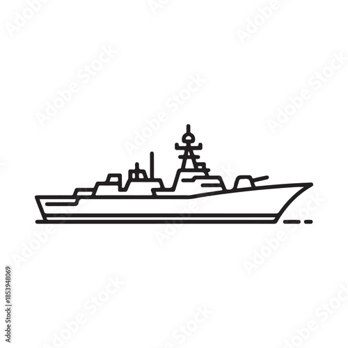 Simple black and white line drawing of a naval warship at sea
