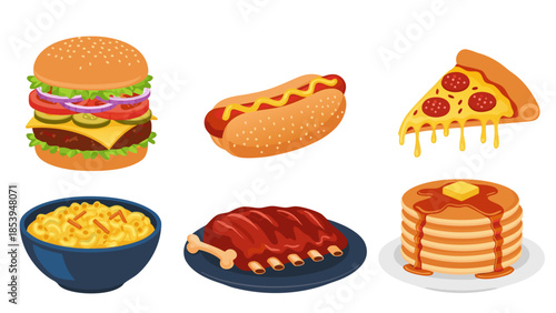 Colorful vector illustrations of popular comfort foods. Delicious flat design icons including fast food and breakfast items, ideal for culinary projects