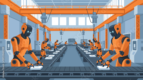 Automated Factory Advanced Robots Streamlining Manufacturing on a High-Tech Production Line, Illustrating Modern Industrial Innovation