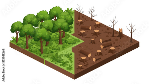 Environmental impact of deforestation Illustration contrasts lush forest with barren, clear-cut land, urging sustainability