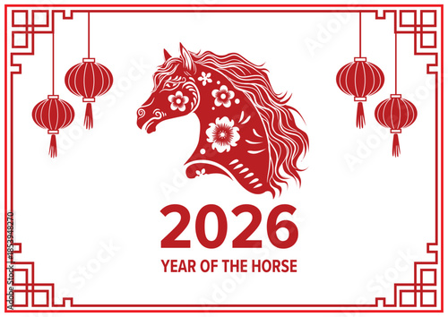 Red horse head silhouette features floral patterns and hanging lanterns for Chinese New Year 2026. Holiday concept