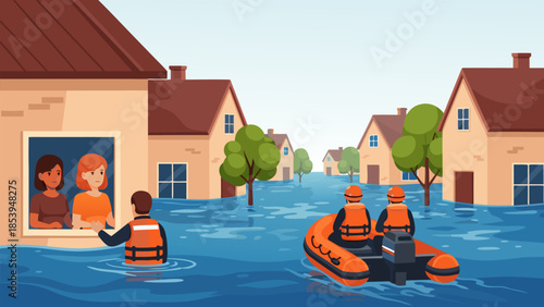 Urban flood disaster illustration Rescuers in a boat assist stranded residents from submerged homes during a community emergency