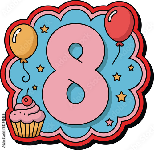 Vibrant number eight with balloons and cupcake