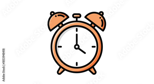 Cartoon illustration of a classic orange twin-bell alarm clock with a simple face showing the time on white background.