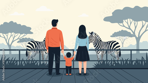 Family day at the zoo Parents and child observe majestic zebras, an engaging illustration of a memorable wildlife experience and outdoor adventure