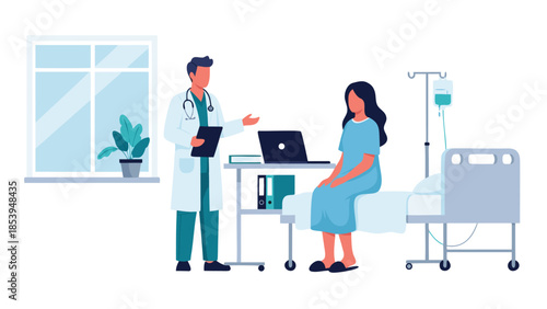 Professional Male Doctor Consulting Female Patient in Hospital Room Healthcare Consultation and Medical Examination Concept, Flat Vector Illustration