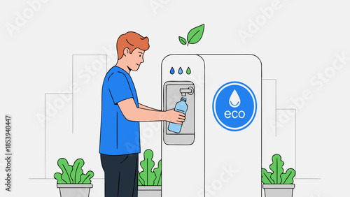 Man refills reusable water bottle at modern eco-friendly dispenser, promoting sustainability, plastic reduction, and healthy hydration