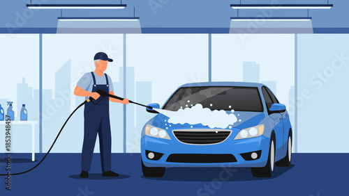 Professional auto detailing service Man meticulously washing a car with high-pressure water and soap for a sparkling clean finish