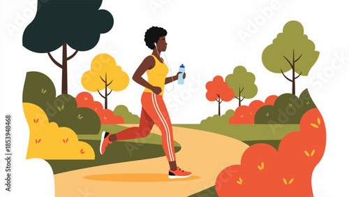 Energetic young woman enjoying a healthy outdoor jog in a vibrant public park, promoting wellness and active living with hydration